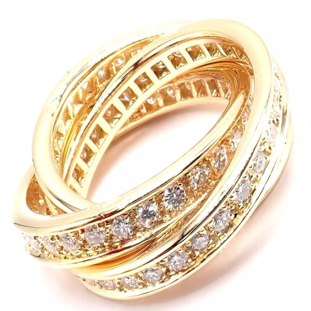 Authentic! Cartier 18k Yellow Gold Diamond Trinity Band Ring Size 5 3/4 Paper